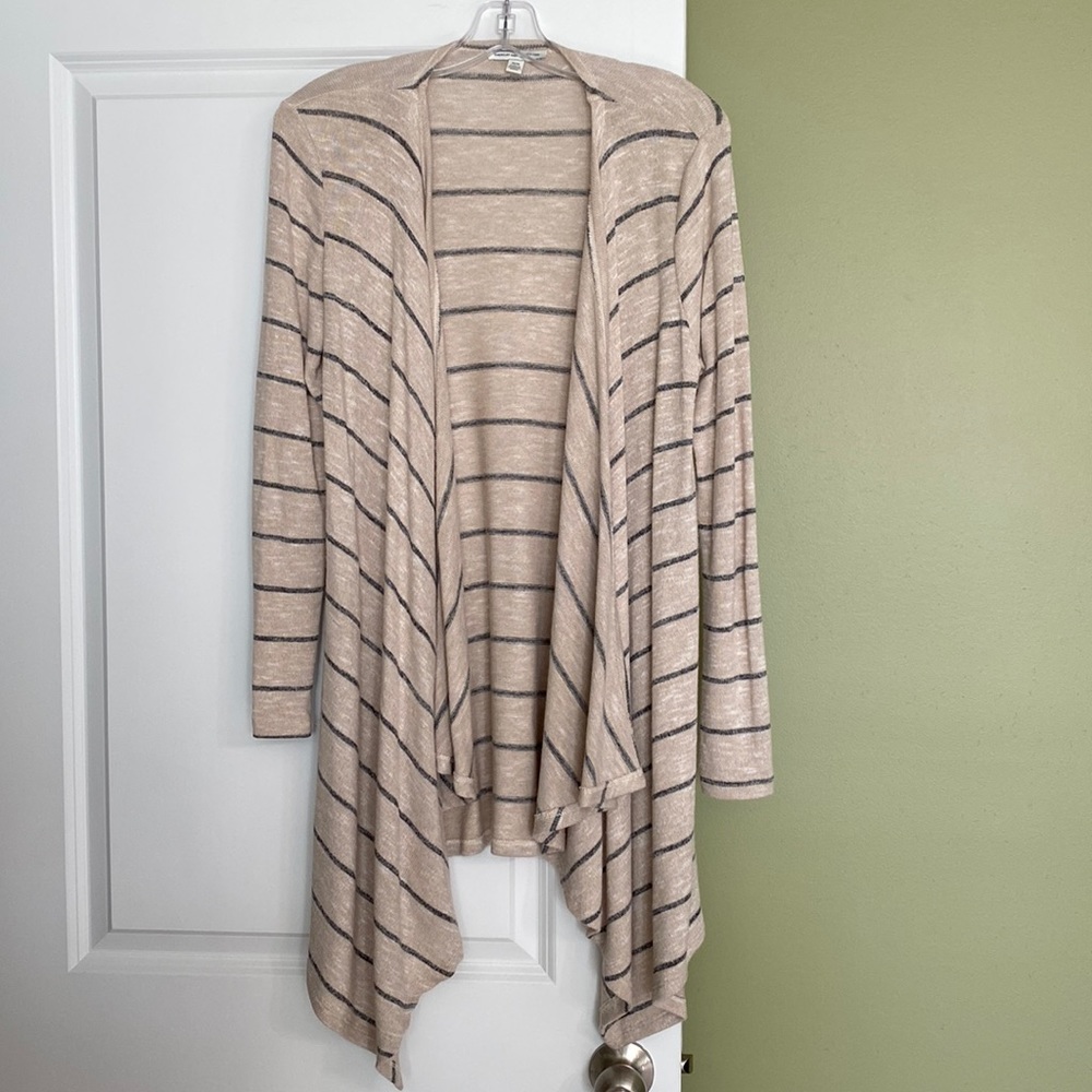 American Eagle Beige Open Cardigan with Dark Gray Stripes